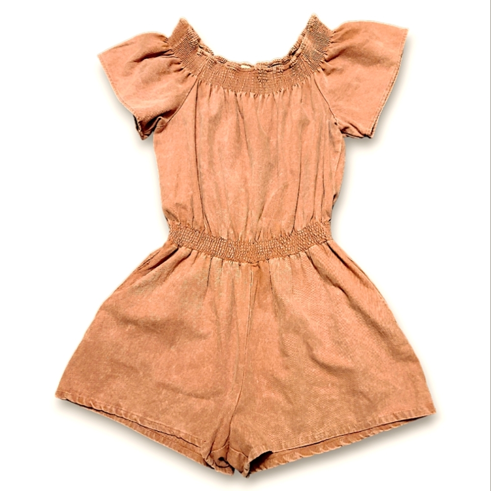 Easel Peach Faded Denim Off-shoulder Romper Size Medium